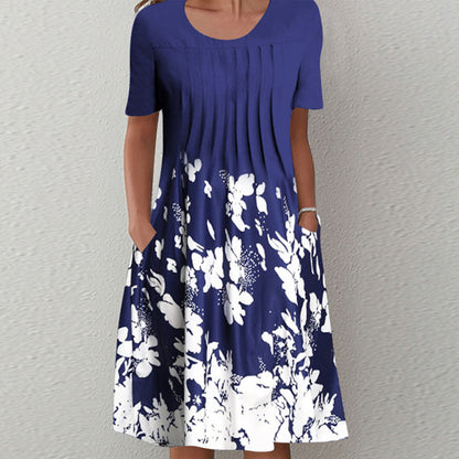👗【40-120KG】Vestido de moda de verano con cuello redondo y estampado, transpirable, cómodo y que estiliza la figura.