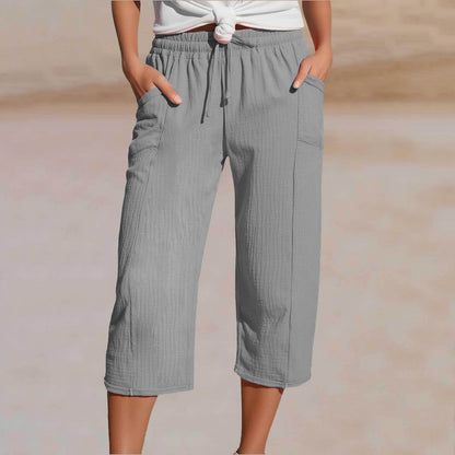 🌸【S-3XL】Dámské jednobarevné skládané zkrácené kalhoty z bavlny a lnu