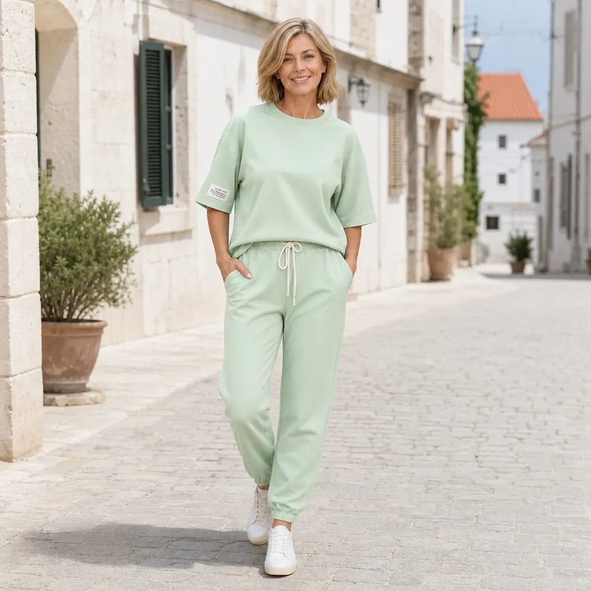 🔥🔥【Liquidación de fin de temporada】【S-5XL】Conjunto casual de top y pantalón liso para mujer