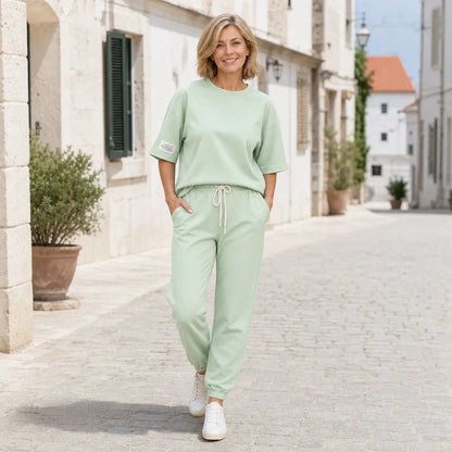 🔥🔥【Liquidación de fin de temporada】【S-5XL】Conjunto casual de top y pantalón liso para mujer