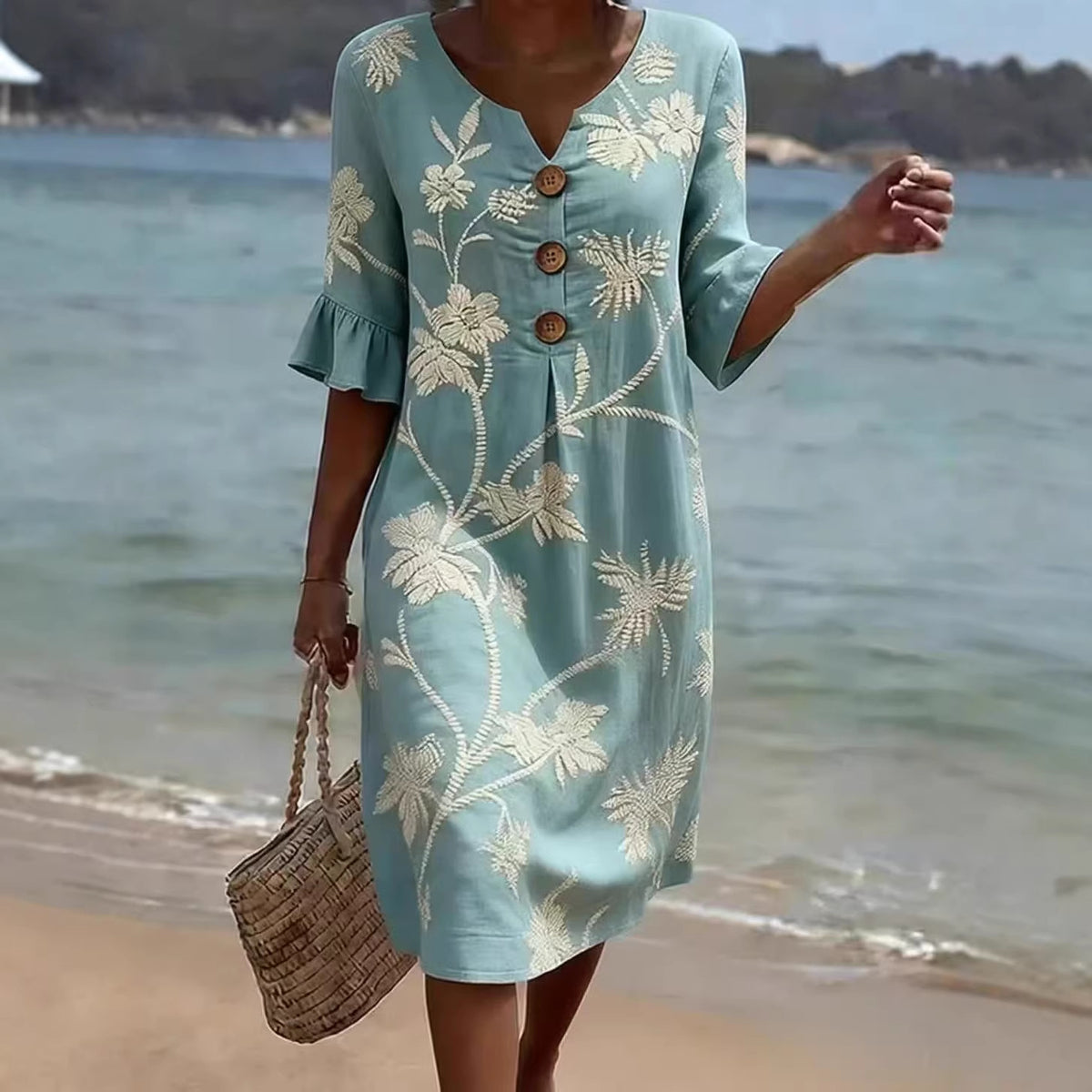 【S-3XL】Vestido de mujer estampado de algodón y lino, mangas abullonadas, diseño con botones