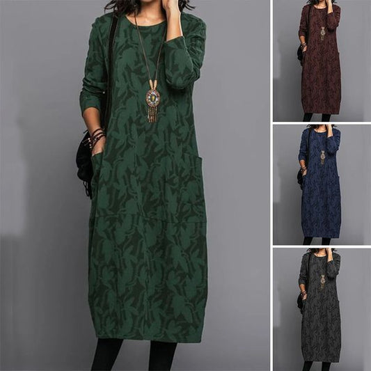 【S-3XL】Vestido de invierno con cuello redondo y bolsillos estampados 2026