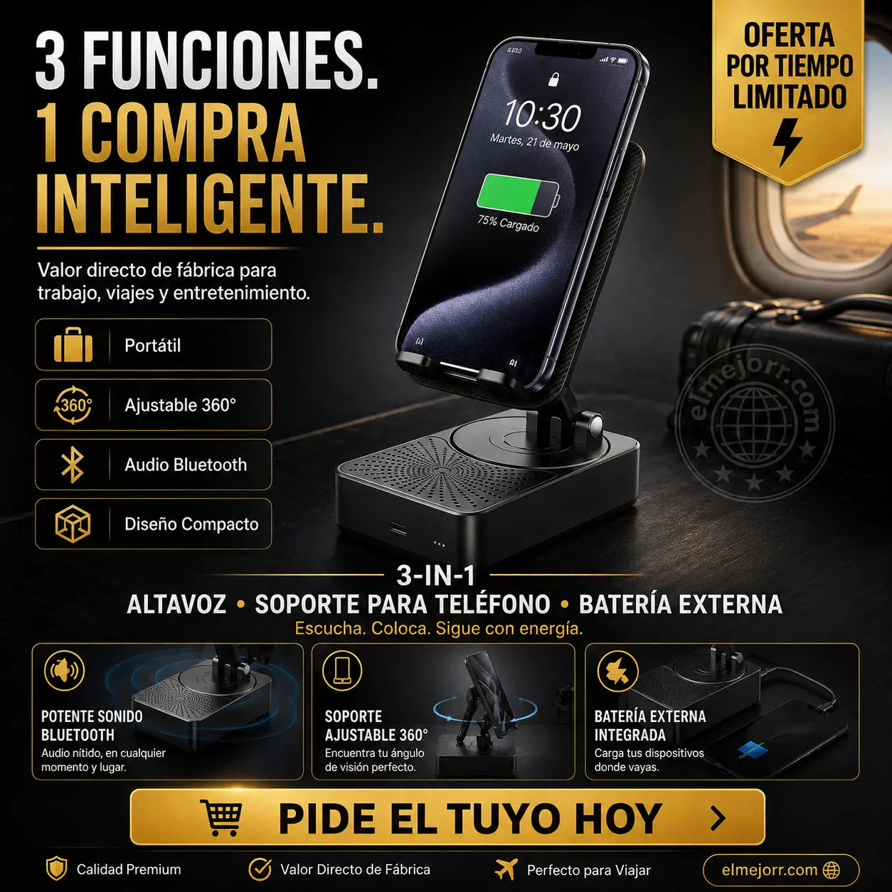 🔥 3 en 1: Altavoz Bluetooth + Cargador + Soporte 360° para Móvil 📱🔊⚡