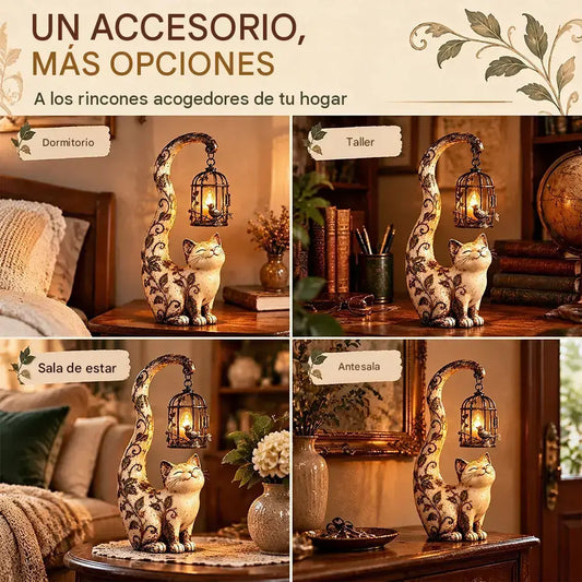 🐱💡Luz nocturna de estilo vintage – gato con una jaula para pájaros – decoración creativa para el jardín
