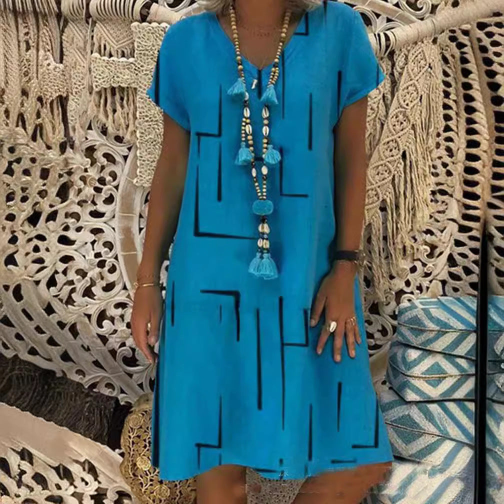 👗【50% zniżki】 【S-5XL】Najlepiej sprzedająca się w 2026 roku bawełniana sukienka z nadrukiem i dekoltem w serek