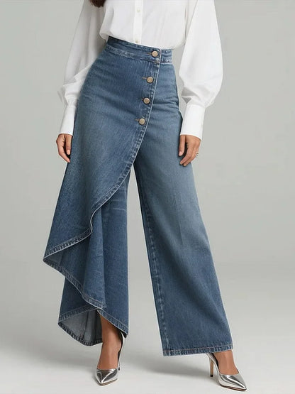 🥇Jeans de mujer con cintura alta y pierna ancha, corte holgado, con un diseño elegante.