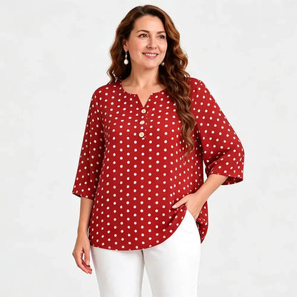 Blusa estampada de cuello en V y talla grande: corte holgado, manga corta y diseño floral; una blusa ligera para mujer con efecto reductor en la cintura.