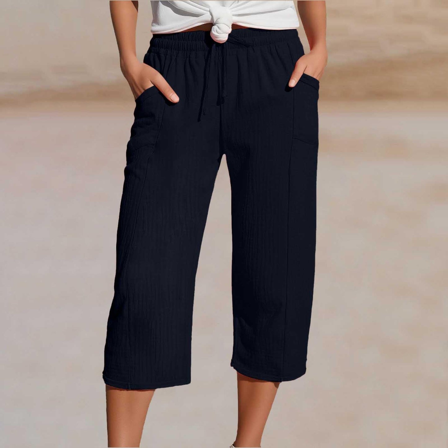 🌸【S-3XL】Dámské jednobarevné skládané zkrácené kalhoty z bavlny a lnu