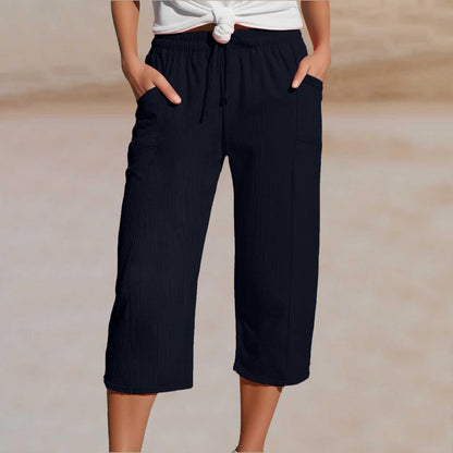 🌸【S-3XL】Dámské jednobarevné skládané zkrácené kalhoty z bavlny a lnu
