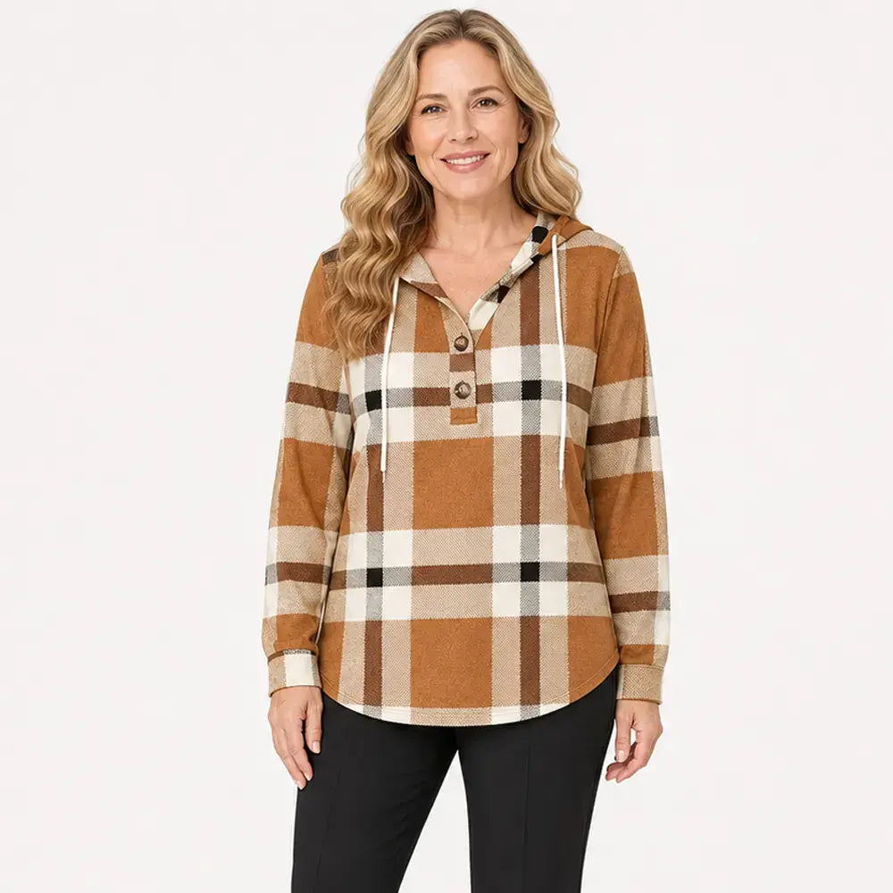 🧥 Sudadera a cuadros con capucha y cuello en V para mujer – cierre de botones, manga larga – sudadera holgada a cuadros para otoño e invierno