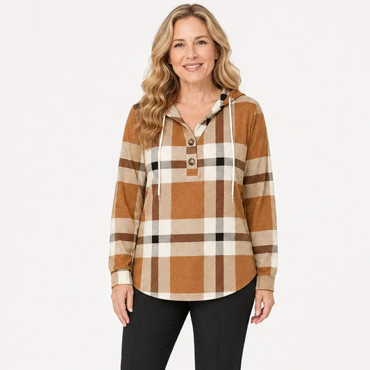🧥 Sudadera a cuadros con capucha y cuello en V para mujer – cierre de botones, manga larga – sudadera holgada a cuadros para otoño e invierno