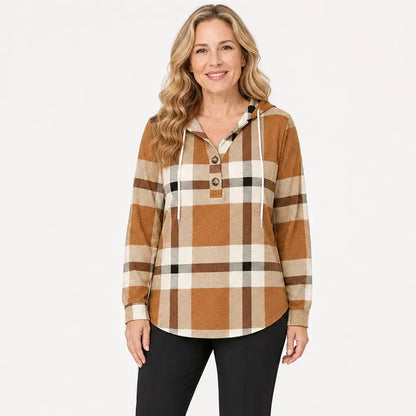 🧥 Sudadera a cuadros con capucha y cuello en V para mujer – cierre de botones, manga larga – sudadera holgada a cuadros para otoño e invierno