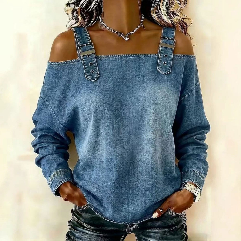 👕【Alta calidad】Blusa femenina estilo denim con cuello V y volantes elegantes para primavera