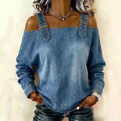 👕【Alta calidad】Blusa femenina estilo denim con cuello V y volantes elegantes para primavera