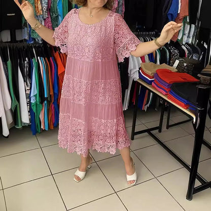 【S–5XL】Nové krajkové šaty s kulatým výstřihem a krátkými rukávy, model 2026 【40–120 kg】