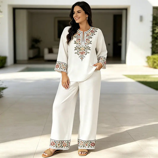 Conjunto de verano de dos piezas para mujer, confeccionado en lino: top holgado estampado y pantalón de pierna ancha, elaborados con un tejido suave, transpirable y agradable para la piel.