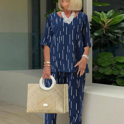 💥🔥【Top + Pantalones】【40-110 kg】2025, primavera y verano, nueva moda, escote redondo, manga cinco cuartos, conjunto holgado de dos piezas