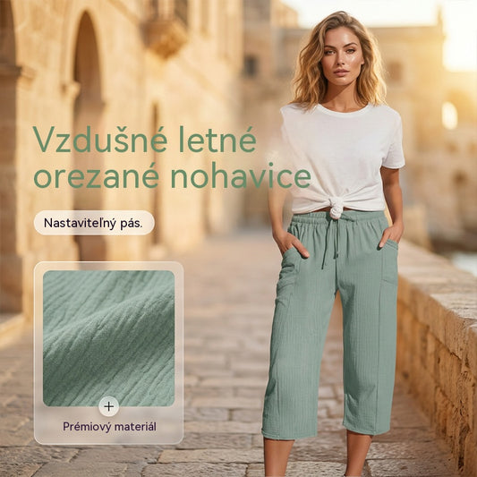 🌸【S-3XL】Dámské jednobarevné skládané zkrácené kalhoty z bavlny a lnu
