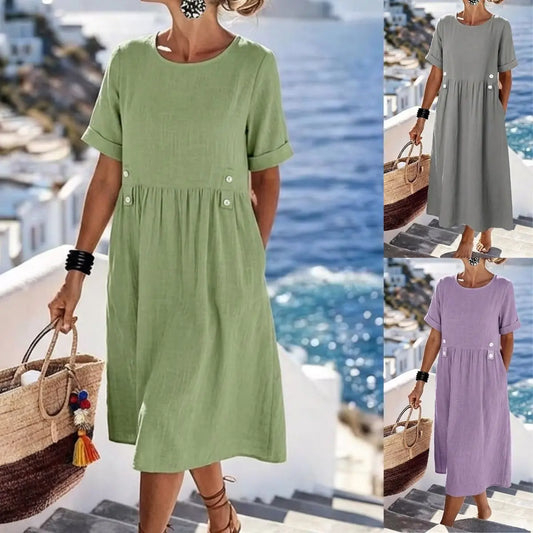 👕【M-3XL】Nuevo vestido de lino y algodón con cuello redondo, transpirable y cómodo, con efecto adelgazante.