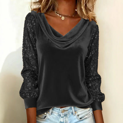 🔥Camisa de terciopelo de moda para mujer, con cuello vuelto, costuras cosidas y mangas largas🔥