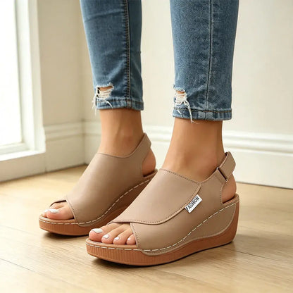 [Tallas 36–43] Sandalias de cuña de piel auténtica para mujer – suela suave – soporte para el arco