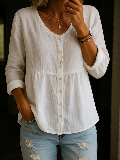 【S-3XL】Camisa de mujer de mezcla de lino y algodón con cuello en V