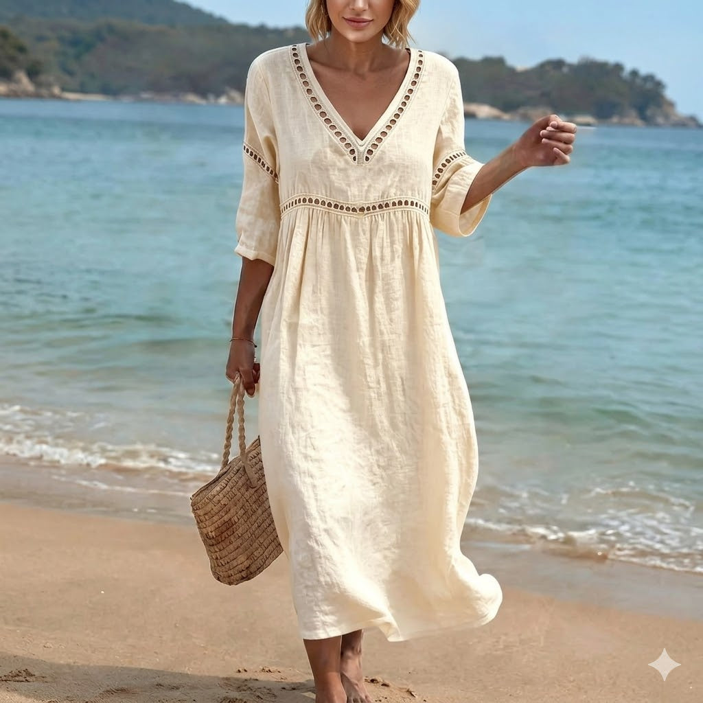 👗【S-3XL】Vestido de verano de algodón y lino a la moda con escote en V, transpirable, cómodo y que no se atasca.