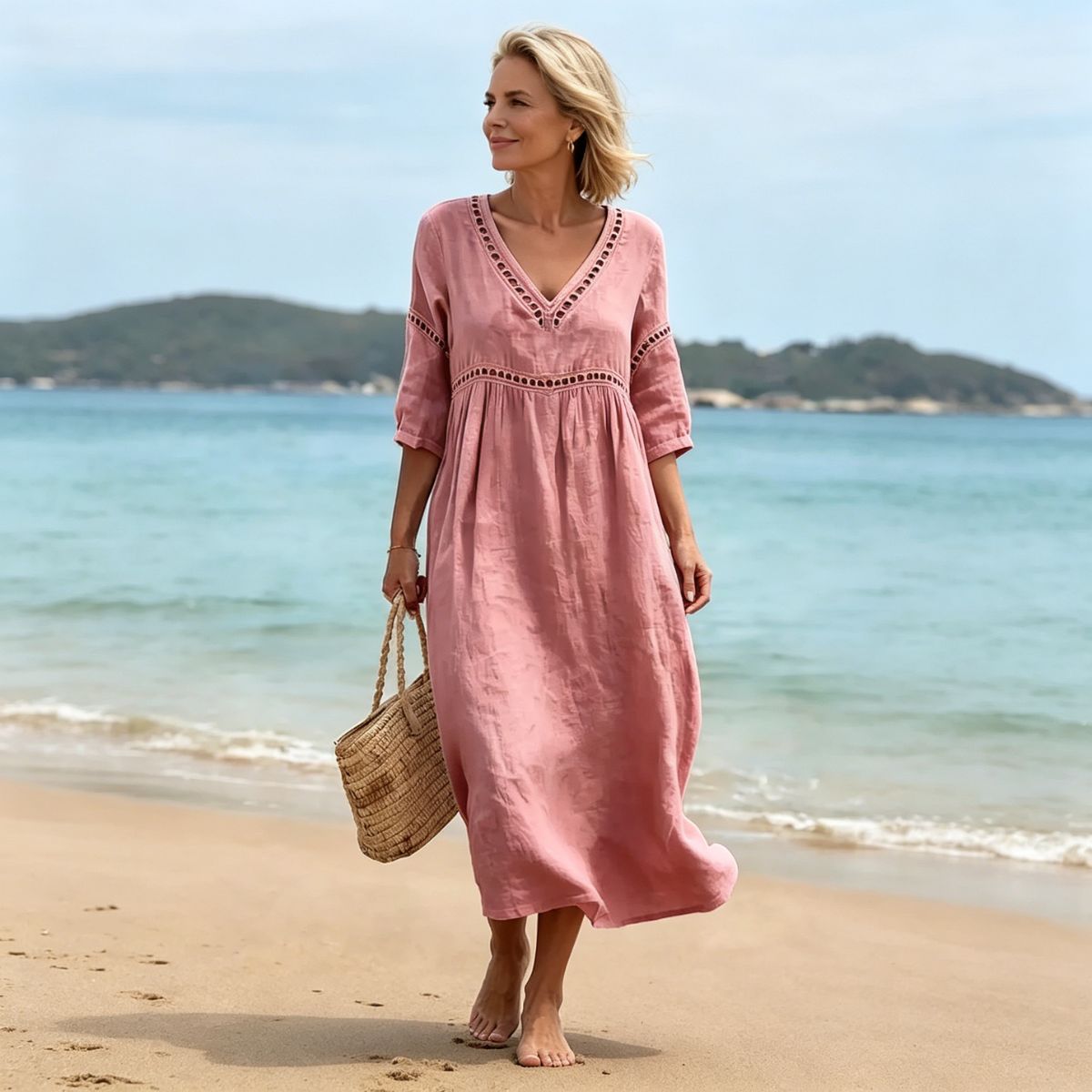 👗【S-3XL】Vestido de verano de algodón y lino a la moda con escote en V, transpirable, cómodo y que no se atasca.