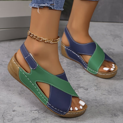 【50% de descuento】【36-43】Sandalias de cuña en contraste de verano para mujer, cómodas sandalias con tiras en el tobillo, tejidas a mano, suaves y cómodas_E