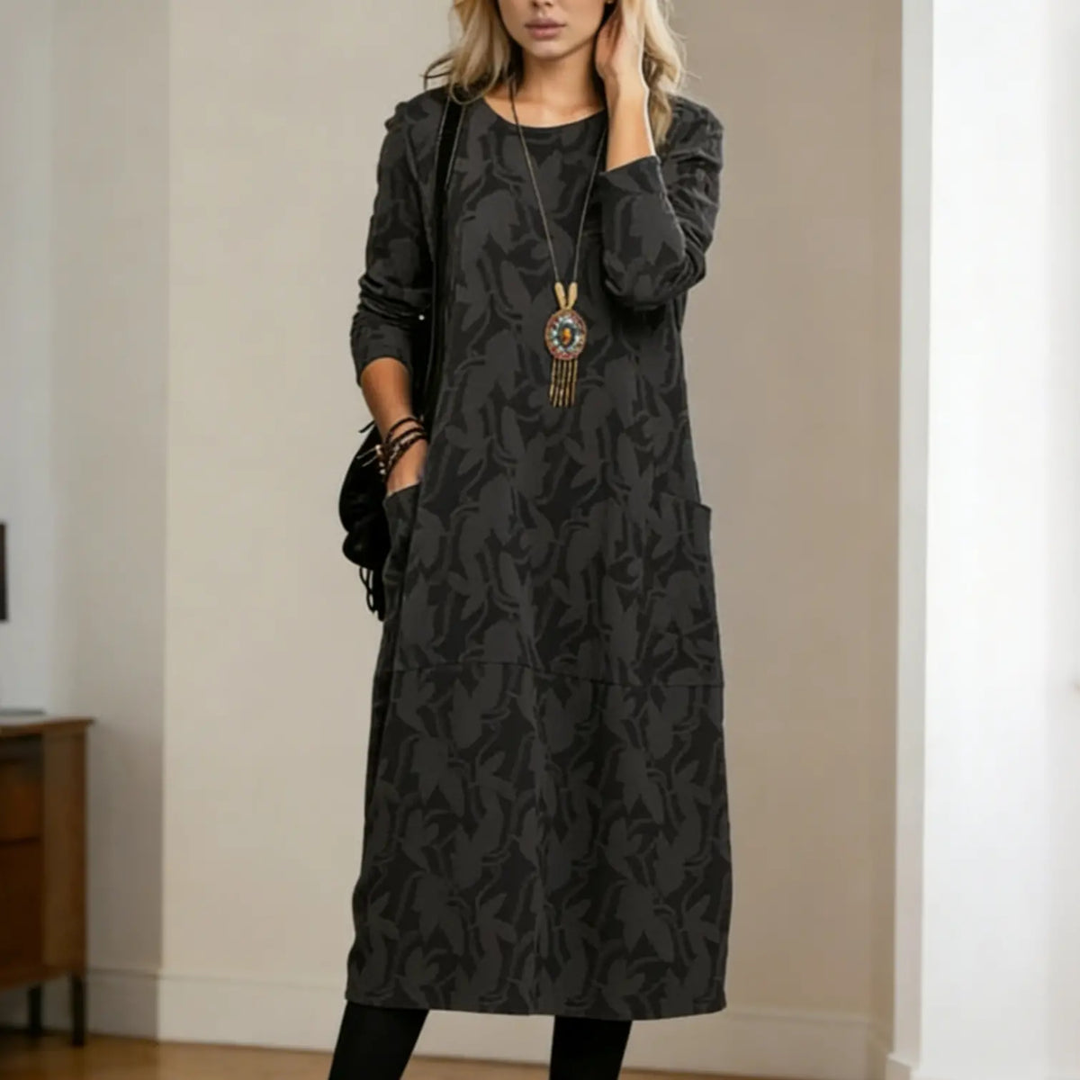 【S-3XL】Vestido de invierno con cuello redondo y bolsillos estampados 2026