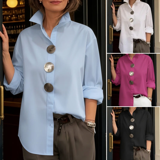 ⏰Novedad 2026🤩Elegante y con estilo❤️👉Camisa de mujer de algodón y lino, cuello mao, botones metálicos