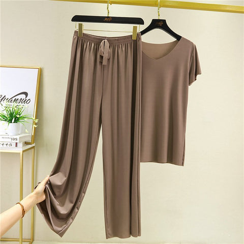 ❤️【M-4XL】Top de manga corta de seda suave + pantalones de pierna ancha❤️ Conjunto de dos piezas