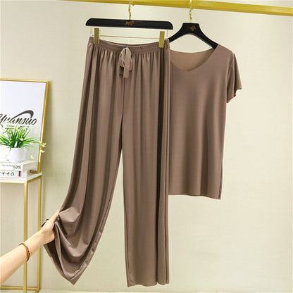 ❤️【M-4XL】Top de manga corta de seda suave + pantalones de pierna ancha❤️ Conjunto de dos piezas