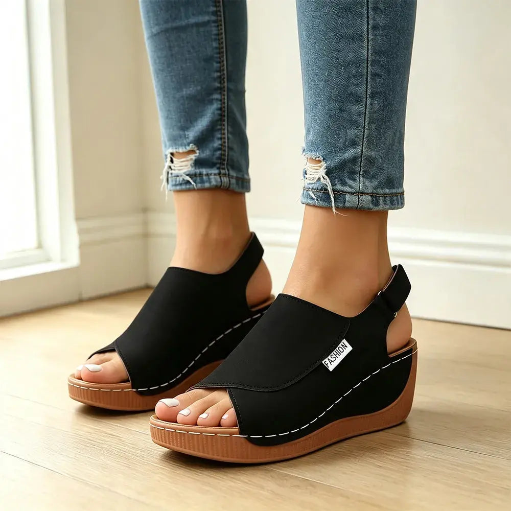 [Tallas 36–43] Sandalias de cuña de piel auténtica para mujer – suela suave – soporte para el arco