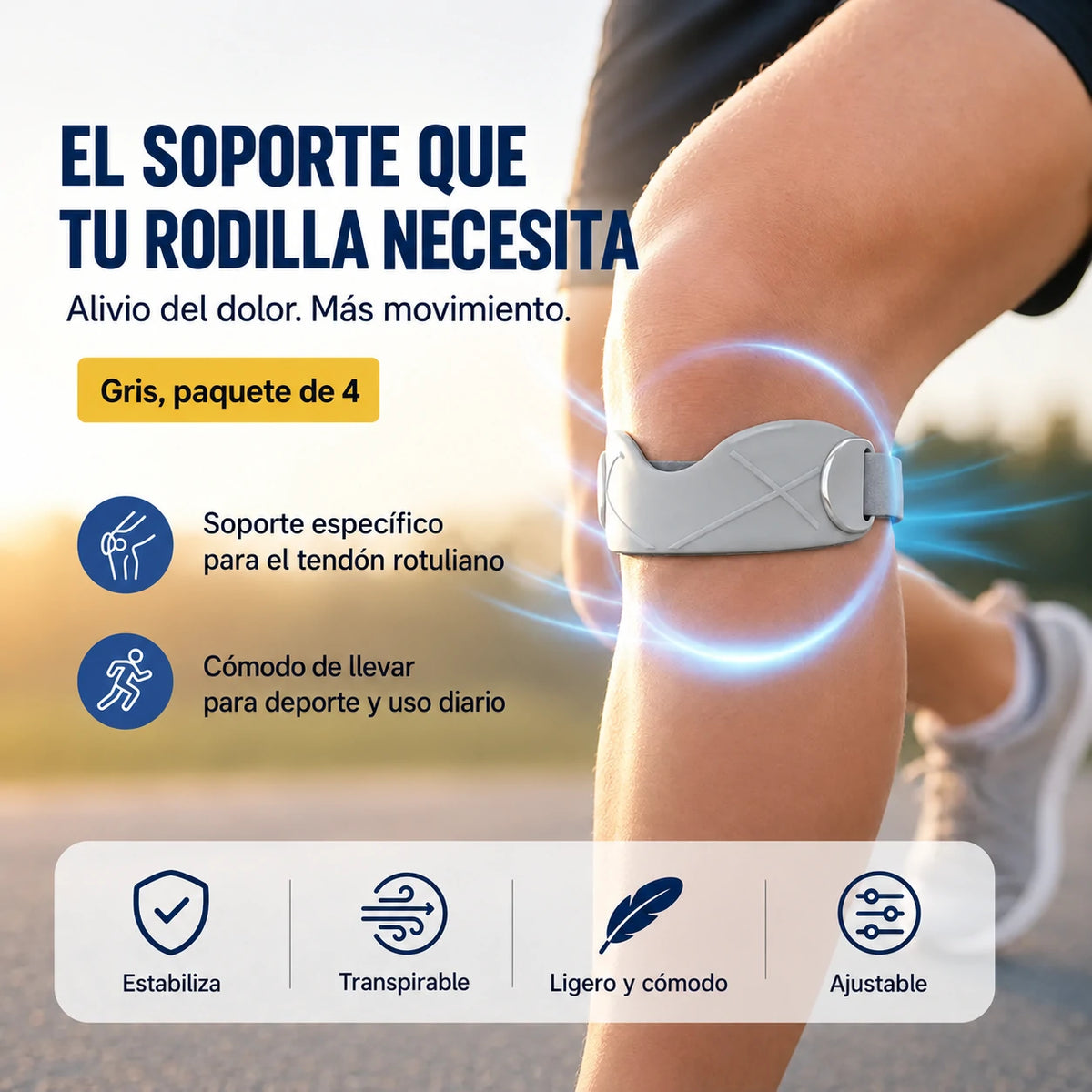 【Pack de 4 por 25 €】🏃‍♀️ Rodillera deportiva con soporte cómodo y seguro