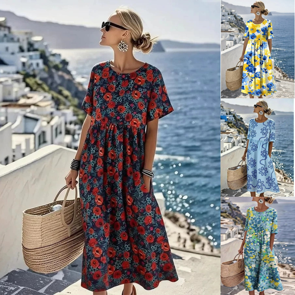 👗【S-4XL】2026 nyári hétköznapi mintás ruha, kerek nyakkal, zsebekkel – Utánvéttel elérhető!