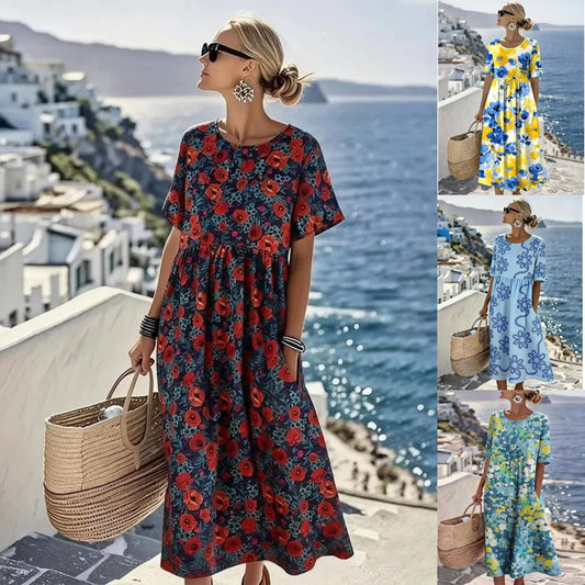 👗【S-4XL】2026 nyári hétköznapi mintás ruha, kerek nyakkal, zsebekkel – Utánvéttel elérhető!