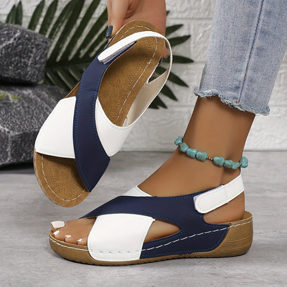 【50% de descuento】【36-43】Sandalias de cuña en contraste de verano para mujer, cómodas sandalias con tiras en el tobillo, tejidas a mano, suaves y cómodas_E
