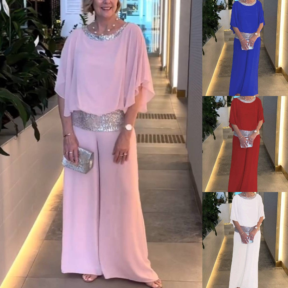 🥰[S-3XL]2026 Traje de pantalón ancho con lentejuelas y cuello redondo