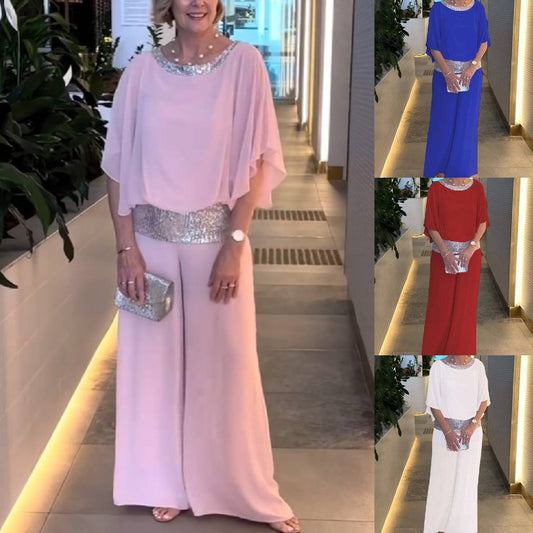 🥰[S-3XL]2026 Traje de pantalón ancho con lentejuelas y cuello redondo
