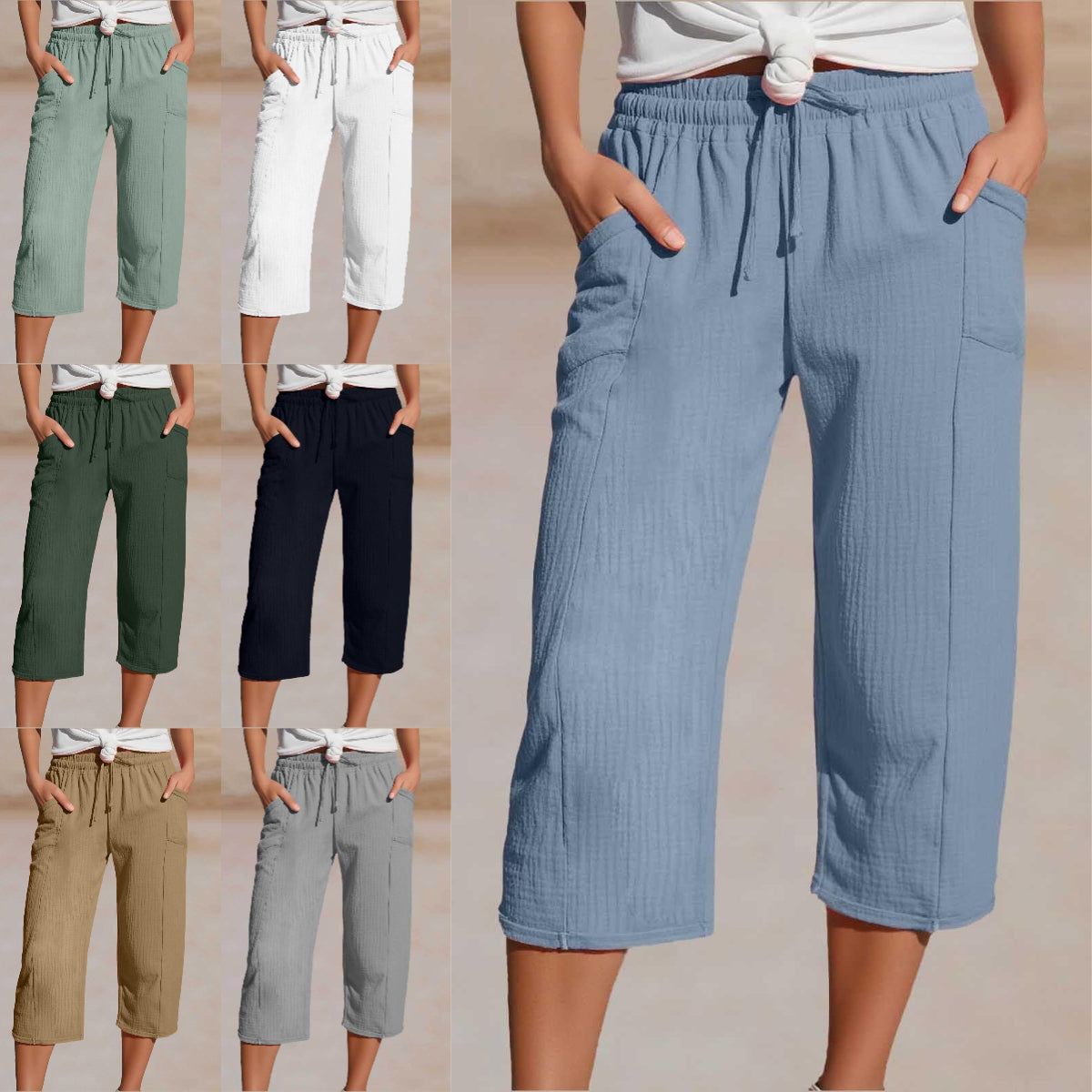 🌸【S-3XL】Dámské jednobarevné skládané zkrácené kalhoty z bavlny a lnu
