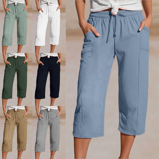 🌸【S-3XL】Dámské jednobarevné skládané zkrácené kalhoty z bavlny a lnu