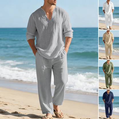 🌴🔥【Top + Pantalones】Traje casual de lino para hombre con corte holgado y cuello en V para la playa. ✅️Pago contra entrega