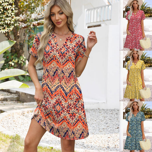 👗【50% de descuento por tiempo limitado】【S-3XL】Nuevo vestido informal de verano, diseño estampado, escote en V, corte ajustado.