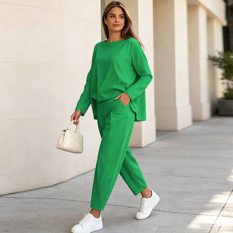 Conjunto de manga larga: Top de cuello redondo + pantalón