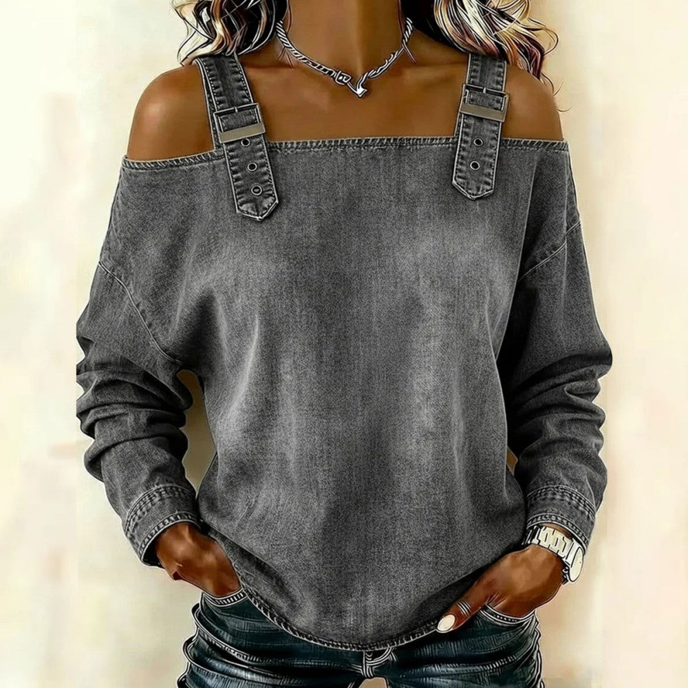 👕【Alta calidad】Blusa femenina estilo denim con cuello V y volantes elegantes para primavera