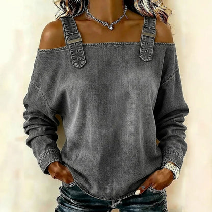 👕【Alta calidad】Blusa femenina estilo denim con cuello V y volantes elegantes para primavera