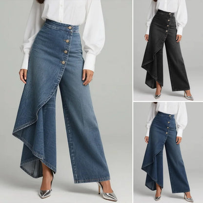 🥇Jeans de mujer con cintura alta y pierna ancha, corte holgado, con un diseño elegante.