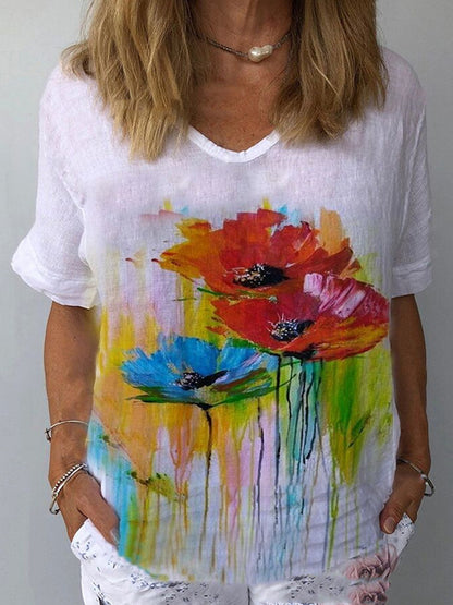 🔥【S-5XL】🌈 Bavlněné a lněné tričko s krátkým rukávem s květinovým potiskem💐