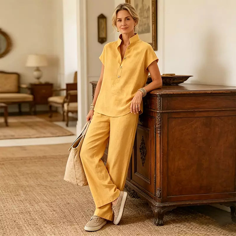 ✨Conjunto de lino y algodón para mujer: blusa de manga corta y pantalón de pierna ancha, estilo veraniego casual y elegante.